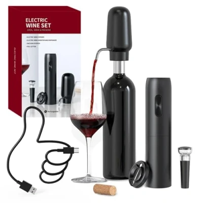 Immagine di CIRCLE JOY Apribottiglie Elettrico Set Vino 4 in 1 con Cavatappi Ricaricabile, Versatore &amp; Aeratore Tagliacapsule e Tappo Sottovuoto, Regalo per Amanti del Vino, Nero