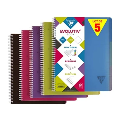 Immagine di Clairefontaine 329156C Linicolor confezione da 5 quaderni Evolutiv&#039;Book A4+ 22, 5x29, 7 240 Pagine staccabili a righe con margini Carta Bianca 90g copertina in polipropilene trasparente colori casuali