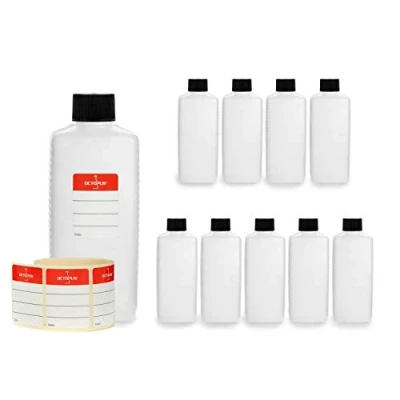 Immagine di Octopus 10x 250 ml Bottiglie in plastica, plastica HDPE con Tappi a Vite Nero, vuote coperchi quadre Etichette compilabili Incluse