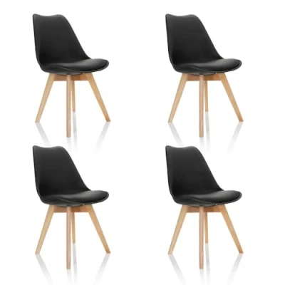 Immagine di HJH Office Set di 4 sedie da pranzo SCANDI Gambe in legno massiccio faggio, Sedia cucina imbottita con design rétro, plastica nera 661011