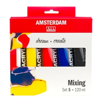 Immagine di Amsterdam Standard Series Pittura Acrilica Set di Miscelazione Teoria dei Colori (5 x 120 ml) primari caldi + Nero e Bianco