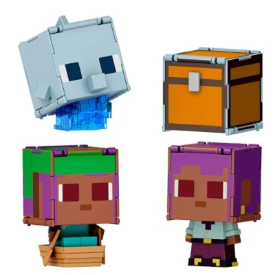 Immagine di Mattel Minecraft Flippin&#039; Figs Delfino + Baule ed Efe in barca, set da 2 personaggi alti 9,5 cm e con teste grandi, ispirati al videogioco, giocattolo per bambini, 6+ anni, JCY31