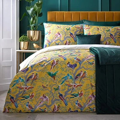 Immagine di Laurence Llewelyn Bowen Birdity Assurdity Set copripiumino 100% cotone Letto matrimoniale in giallo