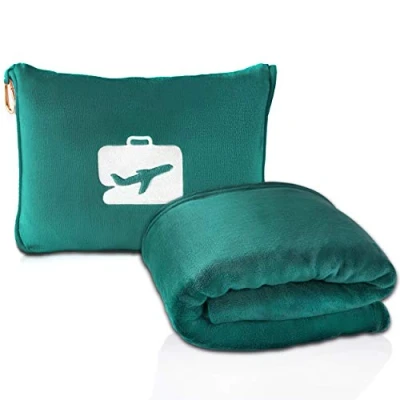 Immagine di EverSnug coperta da viaggio e cuscino, 2 in 1, morbida di alta qualità, con federa morbida, cintura per bagaglio a mano clip zaino (verde acqua)