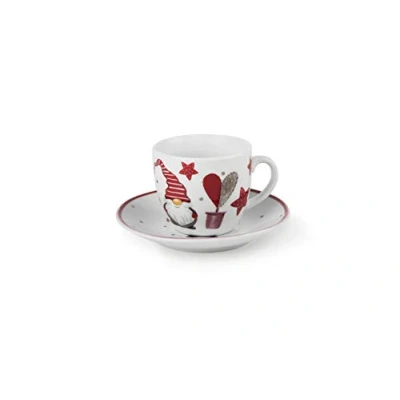 Immagine di Excelsa Gnomo Set 6 Tazzine Caffè con Piattino, Porcellana, Decoro Natalizio, 90cl