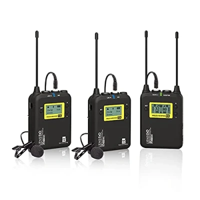 Immagine di LENSGO Sistema Microfonico Lavalier Wireless, LWM 328C Mic Professionale Wireless Omnidirezionale UHF 99 canali con 2 Trasmettitore e 1 Ricevitore per Smartphone Fotocamera Canon Nikon DSLR Altro