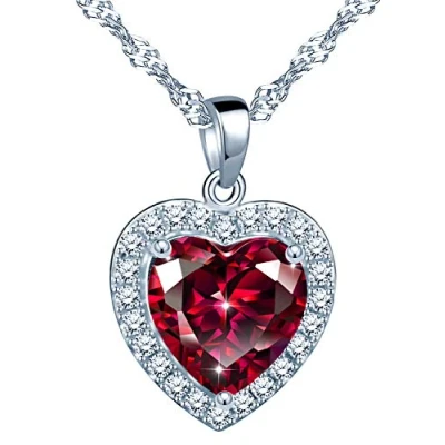 Immagine di Yumilok Collana da donna con ciondolo a forma di cuore smeraldo sintetico, in Argento sterling 925, zirconi, regalo per donne, Zirconia cubica, Granato, zirconi