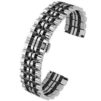 Immagine di Kai Tian 22mm Cinturino di ricambio 7 file Cinturini per orologi sportivi in acciaio inossidabile metallo a sgancio rapido Argento Nero