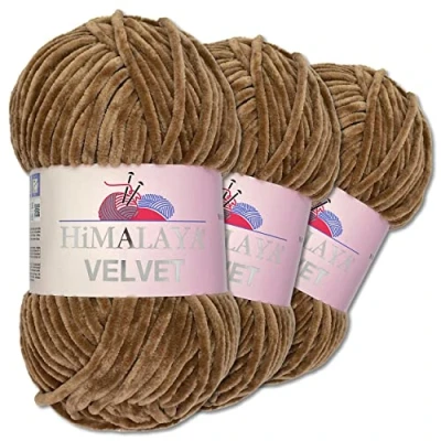 Immagine di Wohnkult Himalaya Velvet Dolphin Gomitolo di lana per lavorare a maglia, ciniglia soffice, accessori, indumenti e coperte, 40 colori scelta, 3 pezzi da 100 grammi l’uno (90037 marrone)