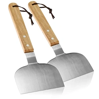 Immagine di com four® 2X Raschietto per Grill con Manico in Legno spatola Acciaio Inossidabile e Girare cibi grigliati Come Hamburger al Barbecue (02 Pezzi griglia)
