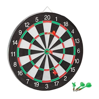 Immagine di Relaxdays Bersaglio con Freccette, Tabellone Double Face, Diametro 43 cm, 6 Darts, Gioco Classico Dartboard, Nero Bianco