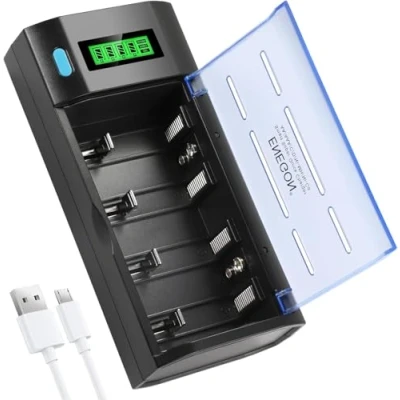 Immagine di ENEGON Caricabatterie universale per batterie ricaricabili C D AA AAA 9 V NI MH CD con funzione di scarica e display LCD, caricatore rapido