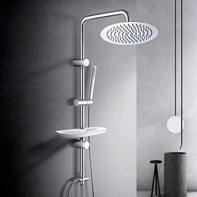 Immagine di Görbach Colonna Doccia Acciaio Inox Senza Miscelatore Fori Muro Regolabili idromassaggio Asta Set a Pioggia Con Soffione e Porta Ogetti Mensola(D30cm).