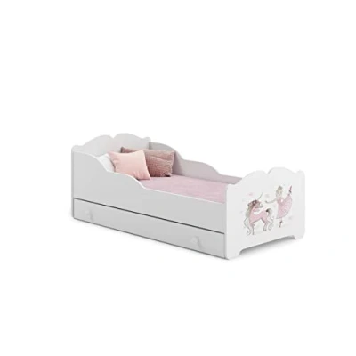 Immagine di KOBI Letto per Bambini con Sponde ANNA Bianco Unicorno Ballerina Lettino Bambina Cassetto 160 x 80 CM Bambino Materasso Lettini una Ragazza Bimbo Singolo Sponda