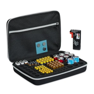 Immagine di Relaxdays Custodia Porta Batterie Stilo con Tester, 134 Pile AA, AAA, C, D e 9V, Valigetta Organizer Portabatterie, Nero, Poliestere, 24 x 34 8 cm