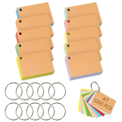 Immagine di Votoko 1000 Pezzi Flashcard A7, 7.4x10.5cm 10 Colori Carte Indice Schede Record, Cartoncino a Righe Indice, con Anelli e Cartoline in Carta kraft, per Scuola Ufficio Casa Studio Appunti