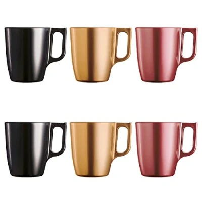 Immagine di Luminarc Flashy Set 6 Tazze Colazione Mugs caffè in Vetro con Manico per microonde 25cl, Rosso/Nero/Argento