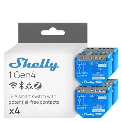 Immagine di Shelly 1 Gen4 Interruttore Relè Intelligente Wi Fi, Canale, 16A, Contatti Puliti, Domotica, Controllo Porta Garage, Nessun Hub Richiesto, Matter, Alexa, Google, HomeKit, Zigbee (4 Pezzi)