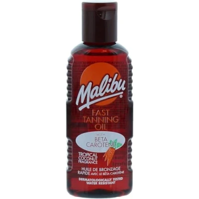 Immagine di Malibu Sun Olio solare abbronzante veloce, resistente all&#039;acqua con beta carotene e fragranza tropicale di cocco, 100 ml, marrone