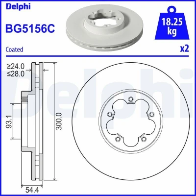 Immagine di DELPHI BG5156C Disco freno 300 28 5 ventilato rivestito non trattato senza cuscinetto ruota, anello sensore ABS FORD: Transit Mk6 Van