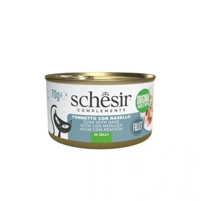 Immagine di Schesir, Filetti di Tonno con Nasello in Gelatina, Cibo Umido Complementare per Gatti, Ricetta Originale, 100% Naturale, 12 lattine da 70g