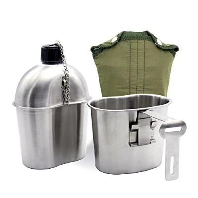 Immagine di Latinaric 1 QT portatile bottiglia d&#039;acqua in acciaio inox militare Mensa con 0.5QT Coppa Borsa Verde sport esterno di escursione campeggio viaggio