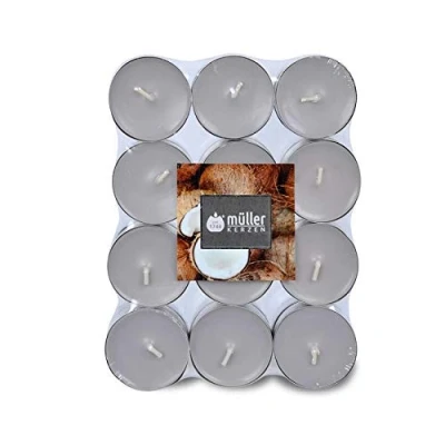 Immagine di Müller Tealights Candele Profumate Fragranza Coconut Island 39 x 15 mm Durata 4 Ore Lumini di Cera Colore Grigio Set 24 Candeline