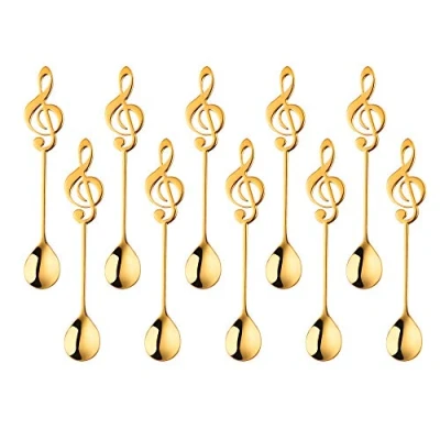 Immagine di Bisda Set di cucchiaini da caffè 10 Pezzi Acciaio Inossidabile 18/10 Icona della Musica Colore Oro Cucchiaio cucchiaino