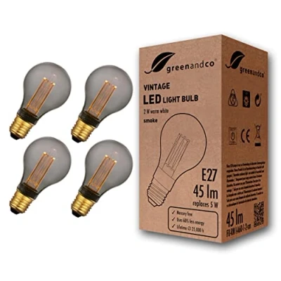 Immagine di greenandco 4x lampadina a LED di design vintage in stile retrò E27 A60 2W 45lm 2000K 320 230V, grigio fumo, nessun sfarfallio, non dimmerabile