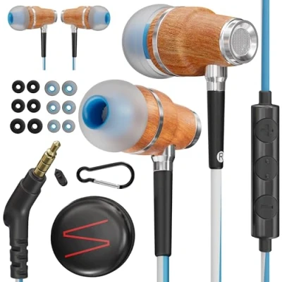 Immagine di Symphonized® Auricolari con Filo e Microfono, bassi da 8 mm, suono 3D in legno di Bubinga, cuffie ear cancellazione attiva del rumore, Jack 3,5 controllo volume per cellulare, PC tablet.