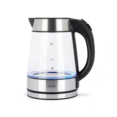Immagine di Livoo Bollitore in vetro acciaio inossidabile e borosilicato, 1,7 L, 2200 W, retroilluminazione blu