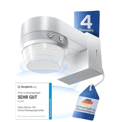 Immagine di HUBER Motion 100 Rilevatore di movimento a infrarossi 360 con 4 sensori e lente Fresnel, sensore IP65, adatto LED, protezione anti strisciamento limitazione dell&#039;area,