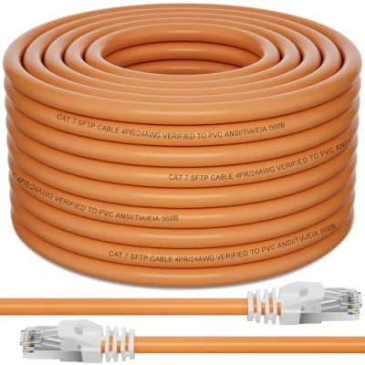 Immagine di Cavo Ethernet 50 Metri Esterno, Cat 7 di Rete Schermato SFTP RJ45, LAN Alta Velocità 10Gbps Internet 50mt Filo Lungo Wlan Arancione Patch per Router Modem