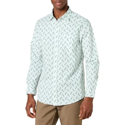 Immagine di Amazon Essentials Camicia in Popeline Elasticizzato A Manica Lunga dalla vestibilità Regolare Uomo, Blu Chiaro Stampa Uccello, XS