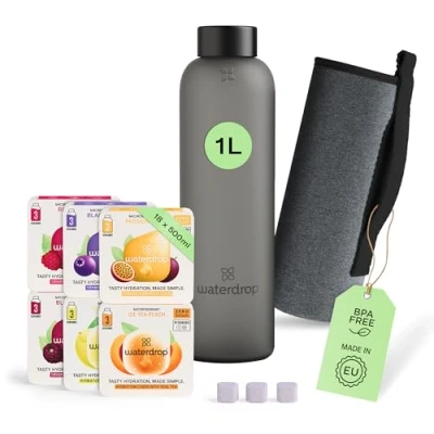 Immagine di waterdrop® Set Scoperta Vetro 1x Bottiglia in + 18 cubetti microdrink waterdrop per acqua Pacchetto di prova con 6 gusti aromatizzanti Senza zuccheri Borraccia 1L