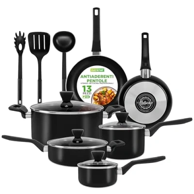 Immagine di NutriChef Set di Pentole e Padelle Antiaderenti da 13 Pezzi Resistenti al Calore per Cucina con Pentolino, Padelle, Pentole, Casseruola, Coperchi, Mestolo, Forchetta, Scolapasta, Nero