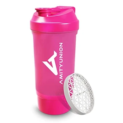 Immagine di AMITYUNION shaker per proteine ​​FYRA 700 ml con contenitore scomparto polvere proteine, senza BPA setaccio e scala frullati di siero latte BCCA, (Rosa)