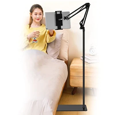 Immagine di Samhousing, Supporto per tablet e cellulari da pavimento, regolabile, universale, girevole a 360 gradi, in metallo, iPad, iPhone X, iPad Pro o altri dispositivi 4,5 12,9 pollici (nero)
