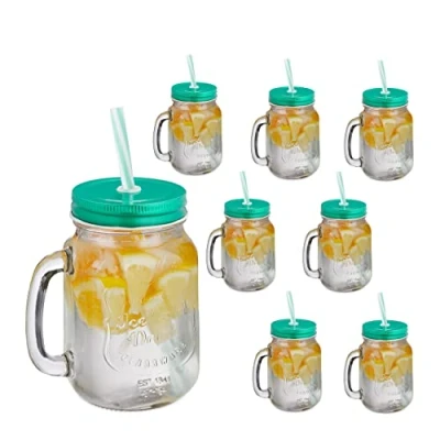 Immagine di Relaxdays Set 8 Tazze, con Coperchio e Cannuccia, tè Freddo, Bevande, Limonate, per Party, Manico, 500 ml, Verde