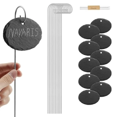 Immagine di Navaris Set 10x Etichette per Piante in Ardesia 10 x 7 cm Cartellini Segnanome con Asta 40 Targhette Pietra Scrivibili Ovali Accessori Giardinaggio 2 Gessi