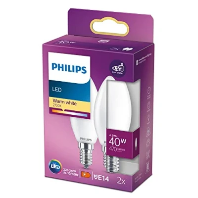 Immagine di Philips Lighting 77769200 LED (monocolore) ERP F (A G) E14 Forma di candela 4.3 W = 40 Bianco caldo (Ø x L) 3.5 cm 9.7 2 pz.
