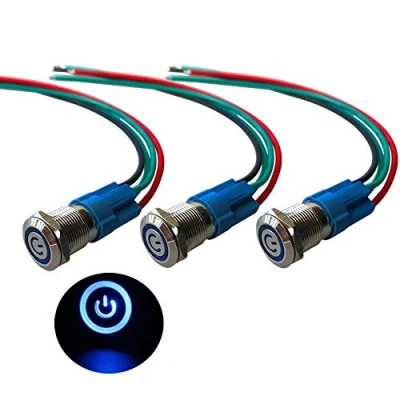 Immagine di QitinDasen 3Pcs Premium 12V / 24V 3A Interruttore a Pulsante Autobloccante, 12mm in Metallo con LED Blu, Avviamento Auto Acciaio Inossidabile impermeabile