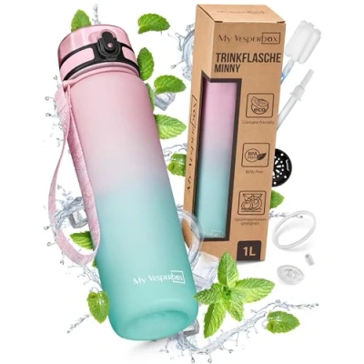 Immagine di My Vesperbox Minny, borraccia per bambini, a prova di perdite, 1 l, con cannuccia o colino, leggera in Tritan, senza BPA, l&#039;asilo, la scuola (rosa, turchese 1L)