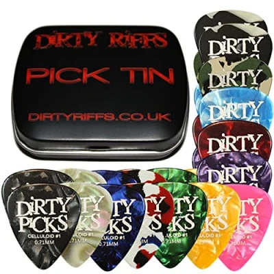 Immagine di Dirty Riffs 12 plettri per chitarra in celluloide di alta qualità, una pratica scatola latta 4 ogni sottile, medio e pesante 24 medi da 0,71 mm