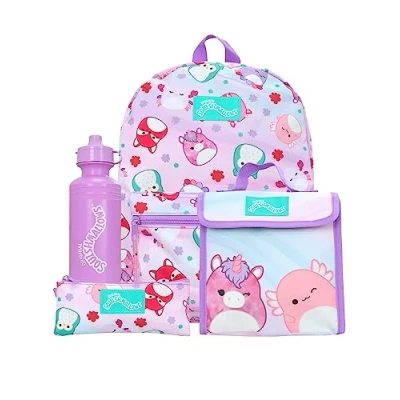 Immagine di Squishmallows Set di 4 Pezzi Scuola Zaino e Borsa per il Pranzo Bambini con Astuccio Bottiglia d&#039;Acqua Zaini Merchandise Ufficiale