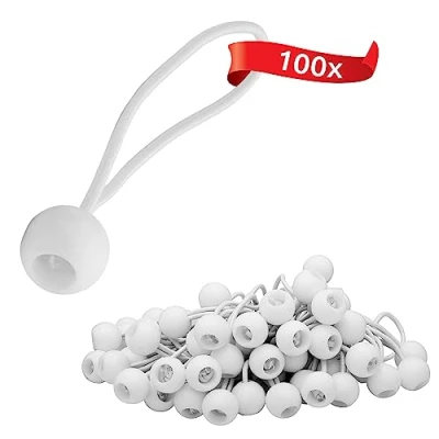Immagine di ECENCE 100x gommini di tensionamento, set corde elastiche per fissaggio teloni, anelli espansori con gancio a sfera plastica, Bianco