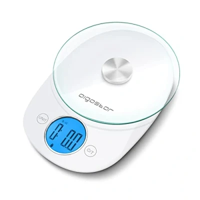 Immagine di Aigostar Otis 33QUB Bilancia da cucina digitale con display LCD 5 kg, In vetro trasparente, pulsante touch, Multifunzione, Color bianco.