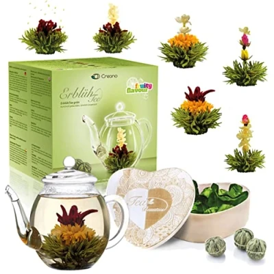 Immagine di Creano Set regalo &#039;Erblühtee&#039;, miscela di tè ai fiori in scatola legno 6 tipi verde incl. teiera vetro 500ml