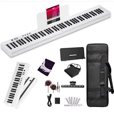 Immagine di tastiera per pianoforte elettrica pieghevole con supporto Full Size Aggiornamento venatura del legno Touch Sensitive 88 tasti digitale Bluetooth MIDI(bianco)