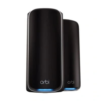 Immagine di Sistema NETGEAR Orbi serie 970 (RBE972SB) Mesh WiFi 7 Quad Band Black Edition Router con 1 extender satellite copertura fino a 440 m², 200 dispositivi porta Internet da 10 Gig BE27000 802.11be